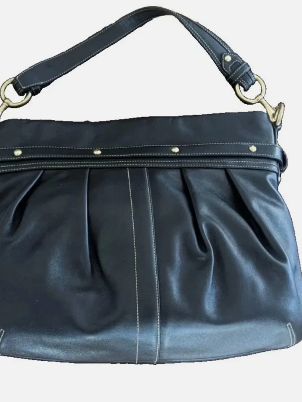 Vintage Coach Hampton Shoulder Bag Pleated Leather Black 8B15 Zipper Gold Charm
